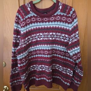 LL Bean XL Cotton Wool Poly Blend Red. Gray and White Patterned Sweater